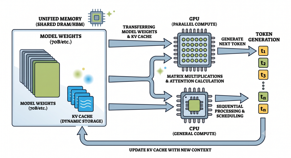 Technical diagram of a local LLM inference system showing model weights and KV cache moving through unified memory to CPU and GPU compute while tokens are generated