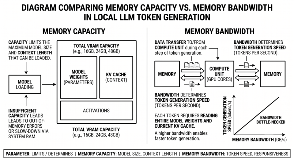 Diagram comparing memory capacity with memory bandwidth during local LLM token generation